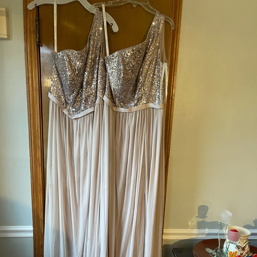David’s bridal, champagne color, size 6 & size 16 both need to be dry cleaned